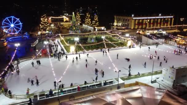 Many People Skating Beautiful Ice Skating Rink Open Air Decorated — Stock Video