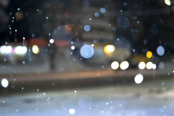Розмитий Фон Вид Місто Вогні Падаючий Сніг Ніч Вулиця Боке — стокове фото