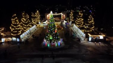 Güzel Noel ağacı dekoratif parlak çelenkler ve çocuklar kış gecesi şehir merkezindeki parkta atlıkarınca gibi dönüyorlar. İnsanlar parkta yürüyor. Yeni yıl Noel kutlaması