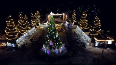 20 Ocak 2022 'de Ukrayna' nın başkenti Kyiv 'de Noel ağacı süslemeli, parlak çelenkler ve kış gecesi parkta dönen atlıkarıncaları süsledi. İnsanlar parkta yürüyor. Yeni yıl Noel 'i