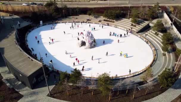 晴れた冬の日には市内のオープンエアでアイススケートリンク 多くの人がアイスリンクでスケート 影を落とす 空中ドローンビュー スポーツ レクリエーション エンターテイメント 冬のアクティブな娯楽 レジャー — ストック動画
