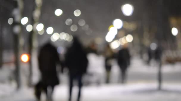 People Family Stroller Walking City Street Winter Night People Slowly — Stock Video