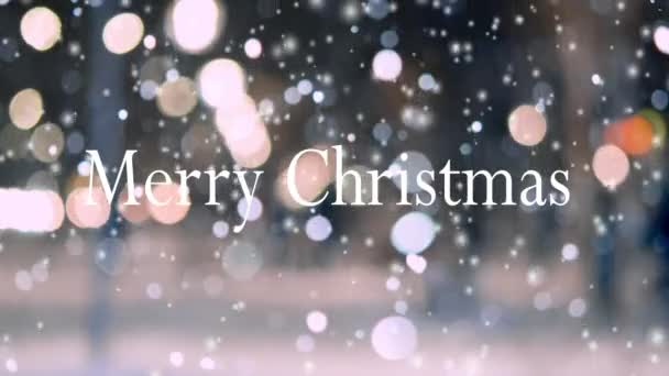 Woorden Vrolijk Kerstfeest Wazige Achtergrond Van Nacht Stad Met Gloeiende — Stockvideo