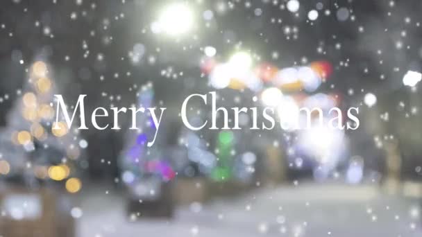 Woorden Vrolijk Kerstfeest Wazige Achtergrond Van Kerstbomen Straat Versierd Met — Stockvideo