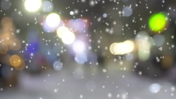 Abstracte Wazige Achtergrond Van Fel Glanzende Straatlantaarns Tijdens Sneeuwval Winternacht — Stockvideo