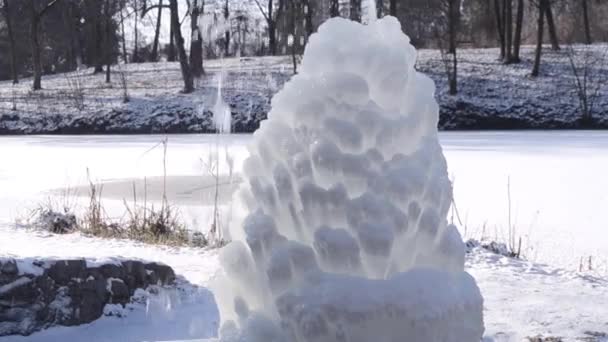 Ledová Fontána Parku Zimního Slunečného Dne Fontána Zmrzlou Vodou Proud — Stock video