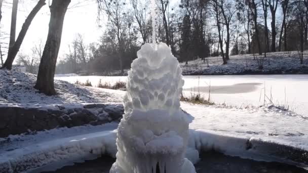 Холодный Фонтан Парке Зимний Солнечный День Фонтан Замерзшей Водой Реактивный — стоковое видео