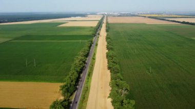 Automobile asphalt road with cars driving between agricultural fields with yellow ripened wheat and different green agricultural crops in summer. Aerial drone view. Agrarian crop panoramic landscape
