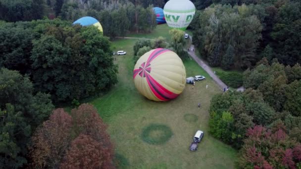 Bila Tserkva ウクライナ 2021年8月3日 バルーンフェスティバル 大きな気球の空力を膨張させます いくつかの風船が地面に横たわって森の中でクリアリングに膨張します — ストック動画