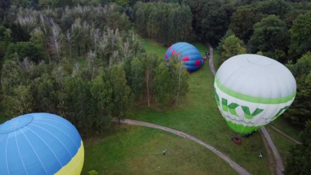 Bila Tserkva ウクライナ 2021年8月3日 バルーンフェスティバル 大きな気球の空力を膨張させます いくつかの風船が地面に横たわって森の中でクリアリングに膨張します — ストック動画