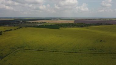 Agrarian landscape large field of blooming sunflowers and different green agroindustrial fields, brown plowed field, field of ripe wheat on summer sunny day. Aerial drone view. Lifting up rising