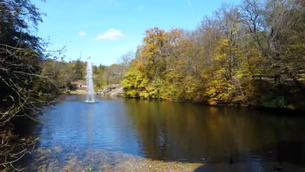 Fountain Rainbow Middle Lake Trees Yellow Leaves Park Sunny Autumn — Stock Video