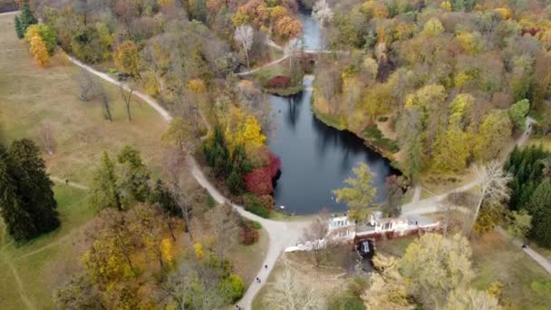 秋天的风景美丽 有黄落叶的树木 雪地和走土路的人 飞越秋天的公园 顶部视图 — 图库视频影像