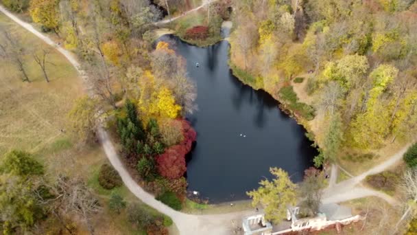 秋天公园美丽的风景 以及人们走在泥泞小径上 飞越秋天公园的风景 顶部视图 — 图库视频影像