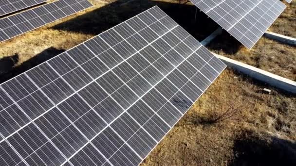 Solarkraftwerk Flug Über Module Des Solarkraftwerks Sonnigen Tag Alternative Ökostromversorgung — Stockvideo