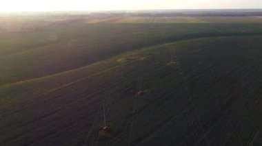 Yeşil tarımsal sanayi tesisleri ve yüksek voltajlı elektrik hatlarıyla tarımsal alanların güzel manzarası. Kırmızı güneş parlıyor. Güneşli bir sabahta tarım sanayi sahalarının üzerinde uçuyor