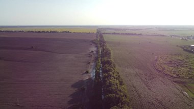 Beautiful landscape farm agricultural land, plowed field, sown fields with different agricultural crops after the rain on a sunny summer morning. Red sun glare. Freshness. Panorama. Aerial drone view.