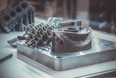 Adam metal 3D yazıcıya basılı nesne tutuyor. Nesne lazer sindirim makinesine basılmış. Metal tozundan modern 3D yazıcı baskısı. İlerici katkı maddesi DMLS, SLM, SLS 3D yazdırma teknolojisi