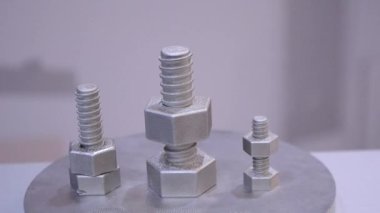 Nesne 3D yazıcıya yazdırıldı. Cıvata şeklinde bir nesne. Metal baruttan alınan 3 boyutlu bir yazıcıya sıkıştırılmış. Metalden 3D yazıcı basmak için yeni modern katkı teknolojileri. SLM. Prototipleme