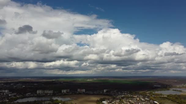 Landscape Blue Sky Big White Cumulus Clouds Land City Fields — Stock Video