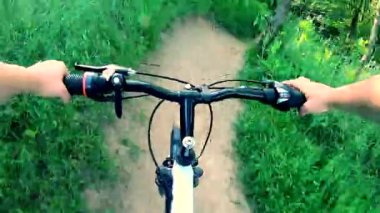 Güneşli bir yaz gününde ormanda bisiklet süren bir adam. Bakış açısı. Ağaçtaki yeşil ağaçlar arasında bisiklet süren kişi. Ekstrem yaşam tarzı eğlence etkinliği