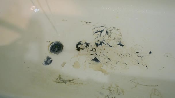 Old Rusty Bathtub Peeling Paint Drain Hole Bathroom Jet Flowing — Stock Video