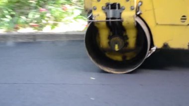 Paver, kaldırım makinesi. Sarı asfalt asfalt asfalt makinesi. Sokakta sıcak siyah asfalt yuvarlıyor..