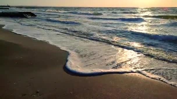 Gün Batımında Deniz Kıyısındaki Kumlu Sahilde Dalgalar Dalgalanır Beyaz Köpüklü — Stok video