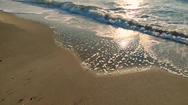 夜明けの日没で海の海岸沿いの砂浜に圧延海の波 砂のビーチに来る白い泡のロールと青い海の波 海辺の海岸線 自然背景 自然背景 — ストック動画