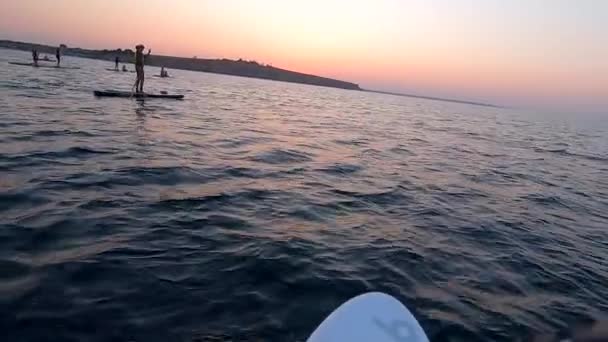 Man Floating Sup Board Dawn Sunset Person Floats White Sup — Stock Video
