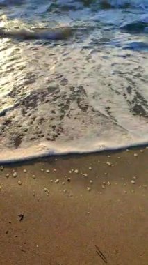 Gün batımında deniz kıyısındaki kumlu sahilde dalgalar dalgalanır. Beyaz köpüklü mavi deniz dalgaları kumsala geliyor. Deniz kıyısı kıyı şeridi. Doğal arka plan, doğa. Dikey