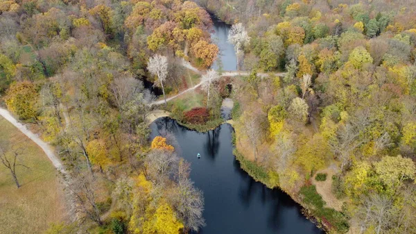 Красивый Пейзаж Осеннего Парка Деревьями Желтыми Опавшими Листьями Озерами Архитектурой — стоковое фото