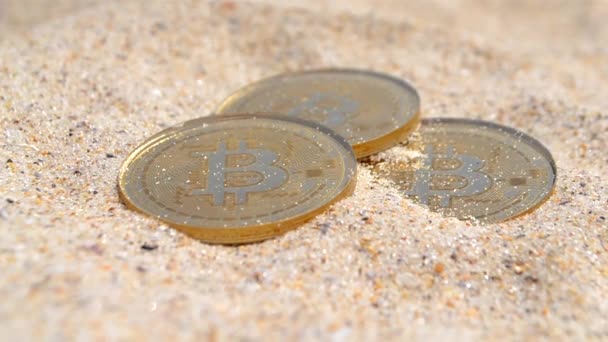 Три Монеты Bitcoin Btc Крупным Планом Биткойн Лежащий Песке Песчаном — стоковое видео