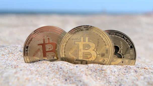 Three Bitcoin Btc Coins Close Bitcoin Btc Coin Half Buried — Stock Video
