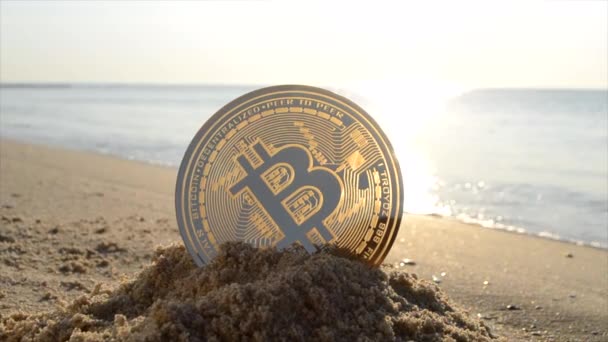 Bitcoin Btc Coin Sand Sandy Beach Sea Coast Sunny Morning — Vídeos de Stock