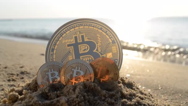 One Large Three Small Bitcoins Btc Coins Sand Sandy Beach — Stock video