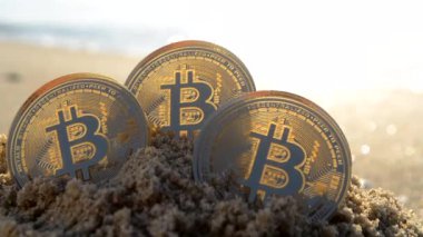 Three Bitcoin BTC coins in sand on sandy beach of the sea coast on a sunny morning close-up. Concept bitcoin money cryptocurrency finance cryptocurrencies crypto bit coin digital web 3.0 cryptography