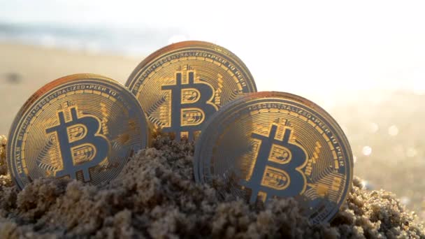 Three Bitcoin Btc Coins Sand Sandy Beach Sea Coast Sunny — стоковое видео