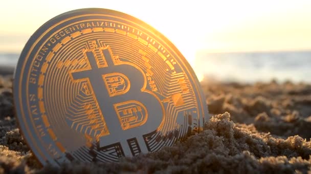Bitcoin Bts Coin Sand Sea Waves Sandy Beach Sea Coast — Vídeos de Stock