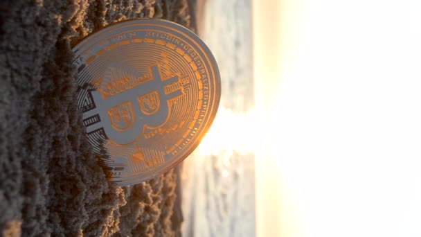 Bitcoin Bts Coin Sand Sea Waves Sandy Beach Sea Coast — Stok Video