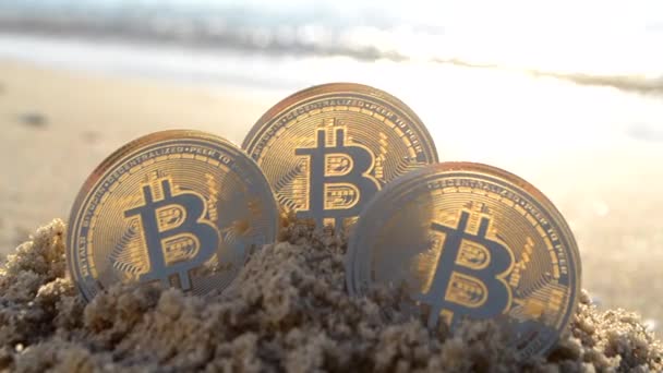 Three Bitcoin Btc Coins Sand Sandy Beach Sea Coast Sunny — Stok video