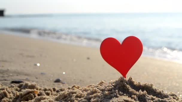 화창한 클로즈업에 파도의 배경에 해안의 해변에 모래에 심장의 모양의 플라스틱 — 비디오