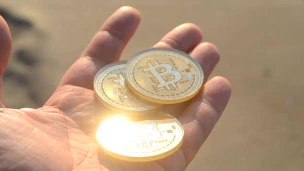 Человек Держащий Руках Монеты Bitcoin Btc Фоне Морских Волн Песчаном — стоковое видео