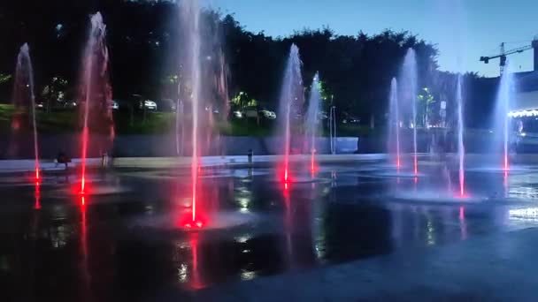 夜のカラフルなライトで照らされた歩行者地の噴水 市内の多彩な光に照らされた大きな公共の街の噴水 水のジェットが上昇して落ちる ウォータースプラッシュ — ストック動画