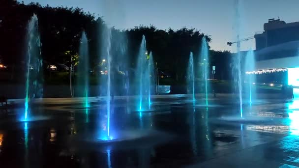 Pedestre Terra Fonte Iluminada Por Luzes Coloridas Noite Grandes Fontes — Vídeo de Stock