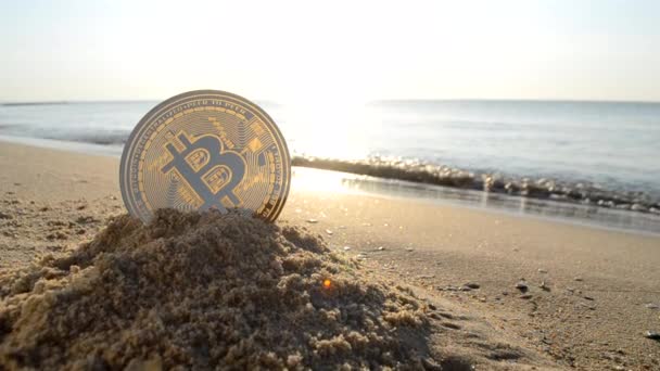 Bitcoin Btc Νόμισμα Στην Άμμο Στην Αμμώδη Παραλία Της Ακτής — Αρχείο Βίντεο