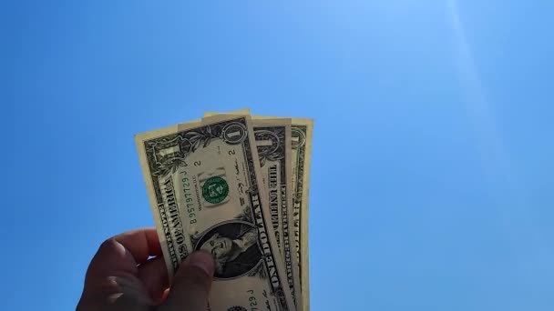 Güneşli Bir Yaz Gününde Elinde Mavi Gökyüzünde Bir Dolar Değerinde — Stok video