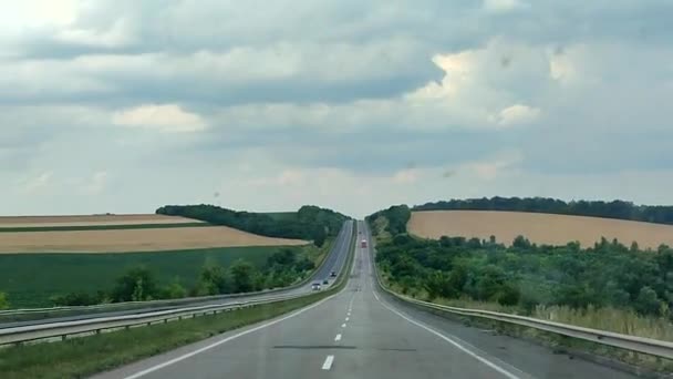 道路を走行する車のフロントガラスを通ってそれを運転する車を持つアスファルト多車道の景色 高速道路 黄色い小麦畑 雲で空を見ることができます — ストック動画