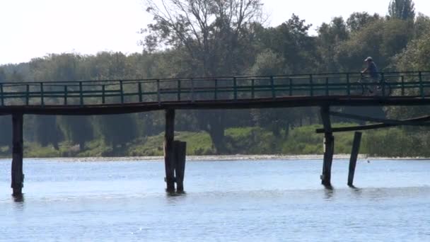 Lidé Motorkou Kráčející Starém Dřevěném Mostě Přes Řeku Slunečného Letního — Stock video