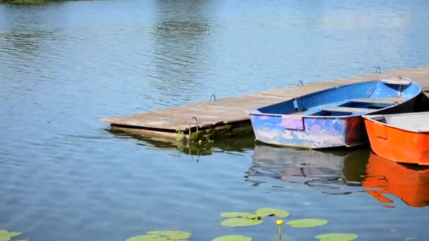 Vecchie Barche Epoca Blu Arancione Acqua Una Giornata Sole Vecchie — Video Stock